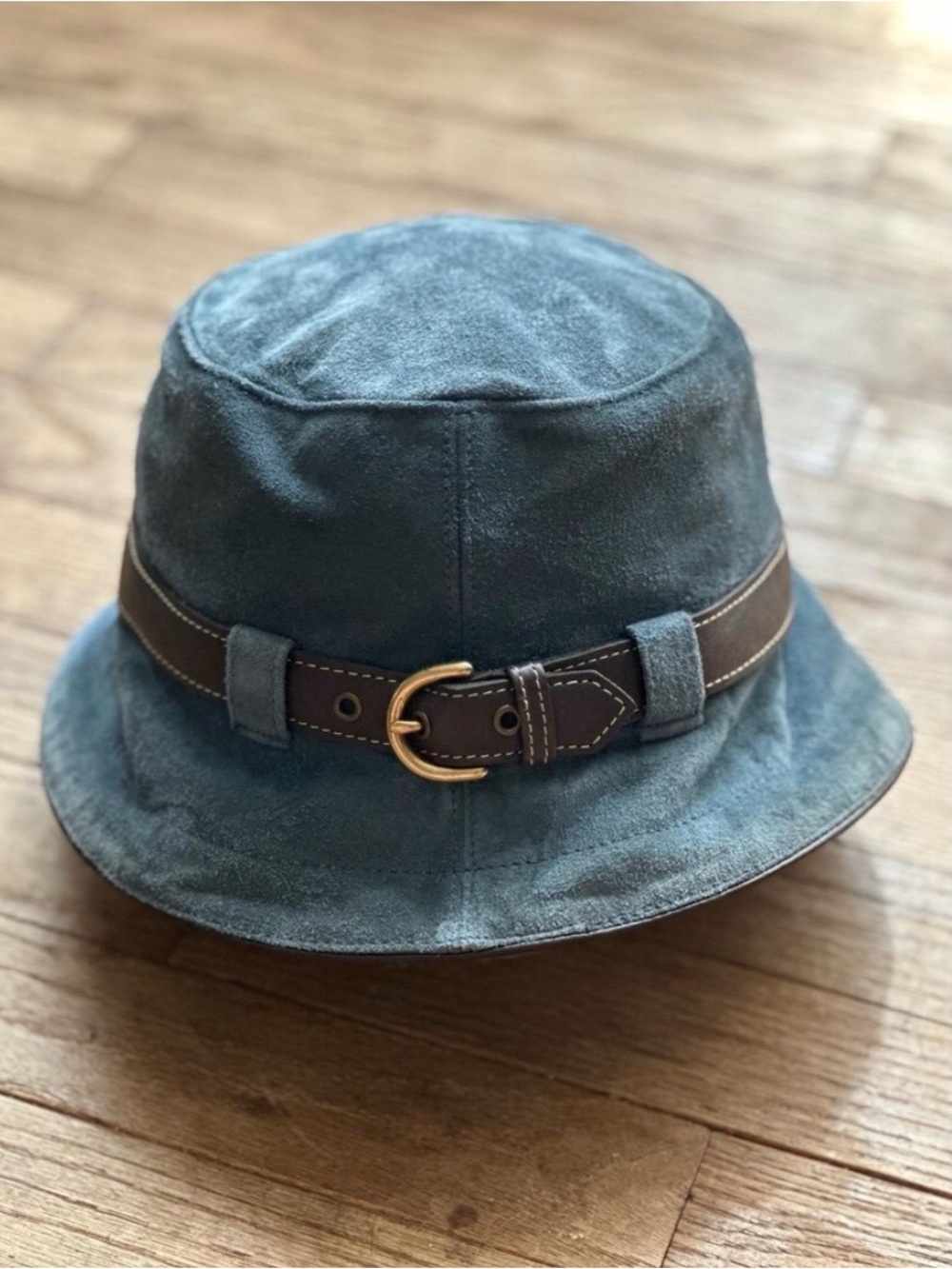 Coach Hat Womens Size‎ Small Blue Suede Bucket Leather Band Metal Buckle Retro